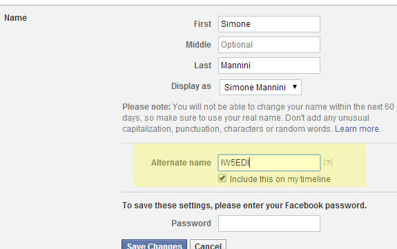 My QRZ on Facebook as Alternate Name